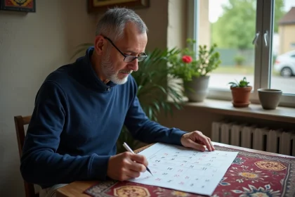 Homme musulman âgé consulte un calendrier de prières à la maison