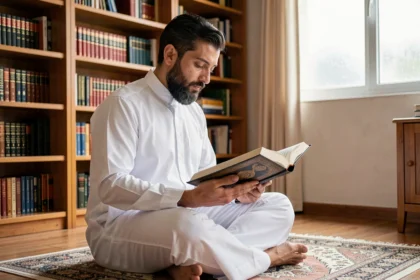 Homme musulman lisant les versets de la Baqara dans un Coran ouvert sur un tapis de prière traditionnel