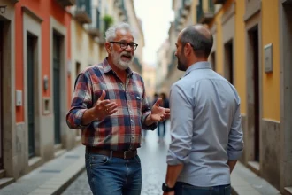 Homme portugais en jeans et chemise à carreaux parlant en rue