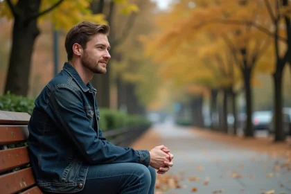 Homme pensif assis sur un banc dans un parc automnal