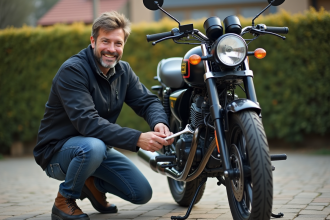 Homme ajustant la moto Benda Avengers 125 en extérieur