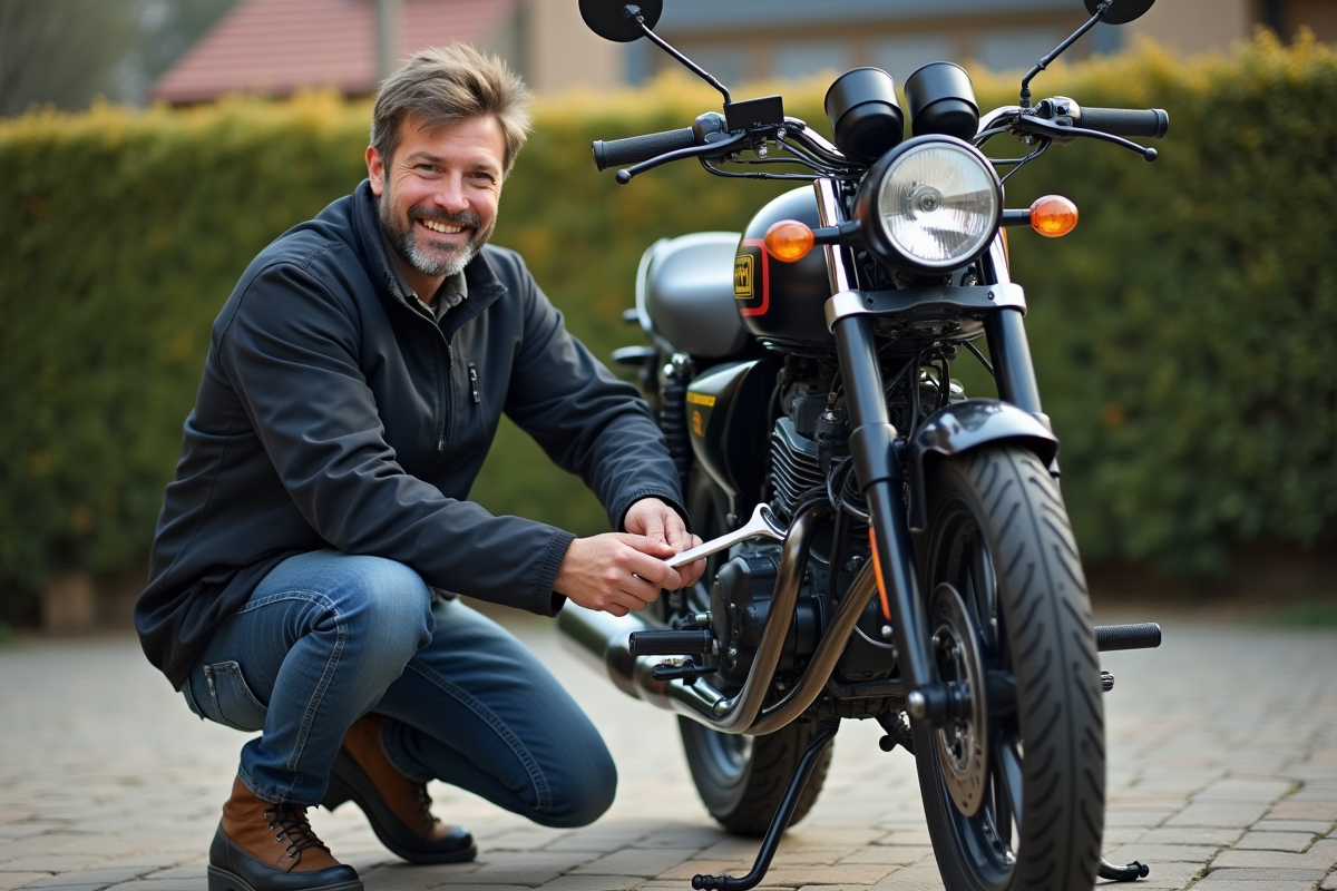 Homme ajustant la moto Benda Avengers 125 en extérieur