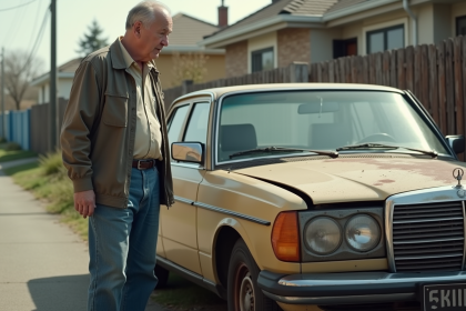 Homme d'âge moyen vérifiant une voiture rouillée dans la rue