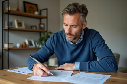 Homme d'âge moyen examine des documents immobiliers dans une maison moderne