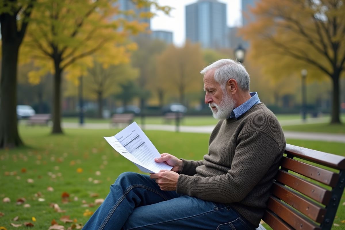 Homme retraité examinant des documents en plein air dans un parc