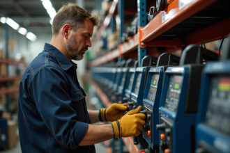 Homme choisissant une machine à souder dans un magasin