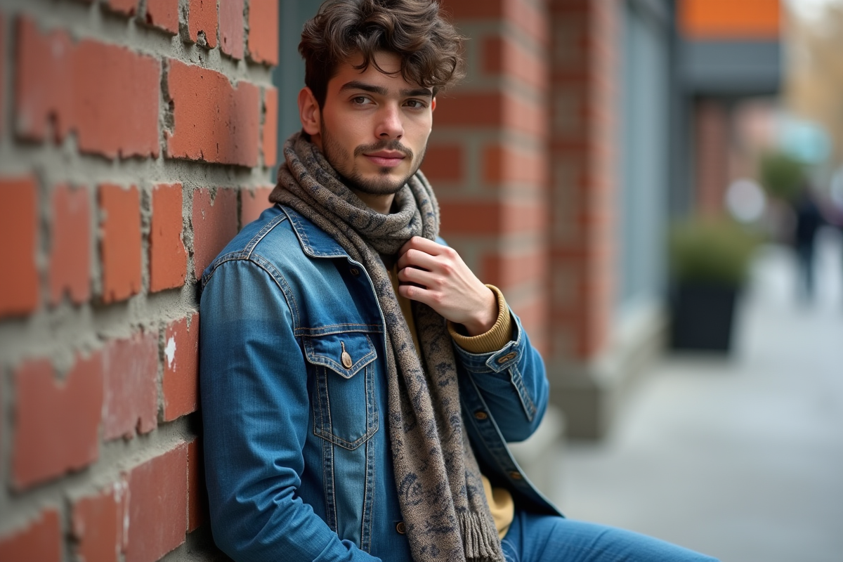 Jeune homme en streetwear ajustant une écharpe dans la rue urbaine