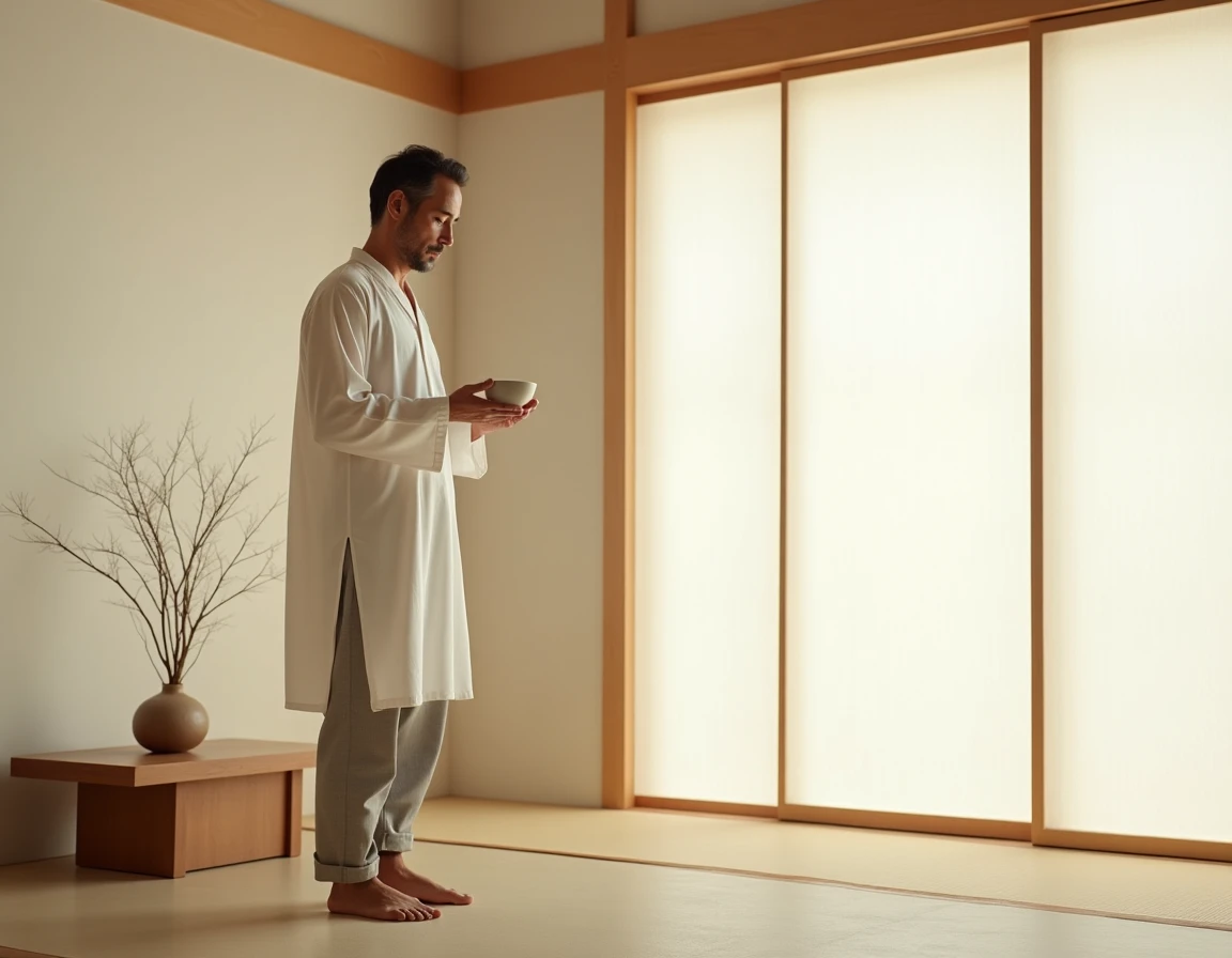 Homme tenant un bol de thé dans une pièce minimaliste d'inspiration japonaise, symbolisant la quiétude et la paix de l'esprit