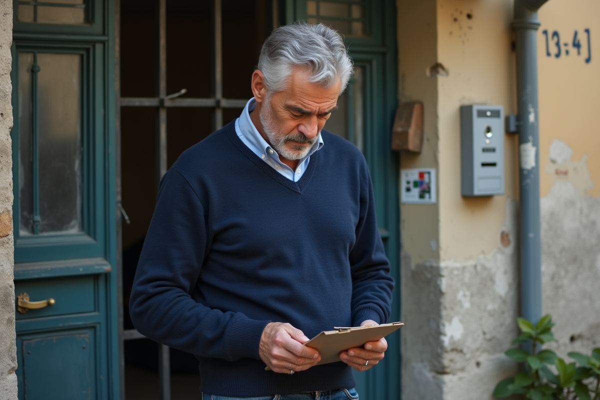 Homme d'âge moyen devant immeuble en délabrement