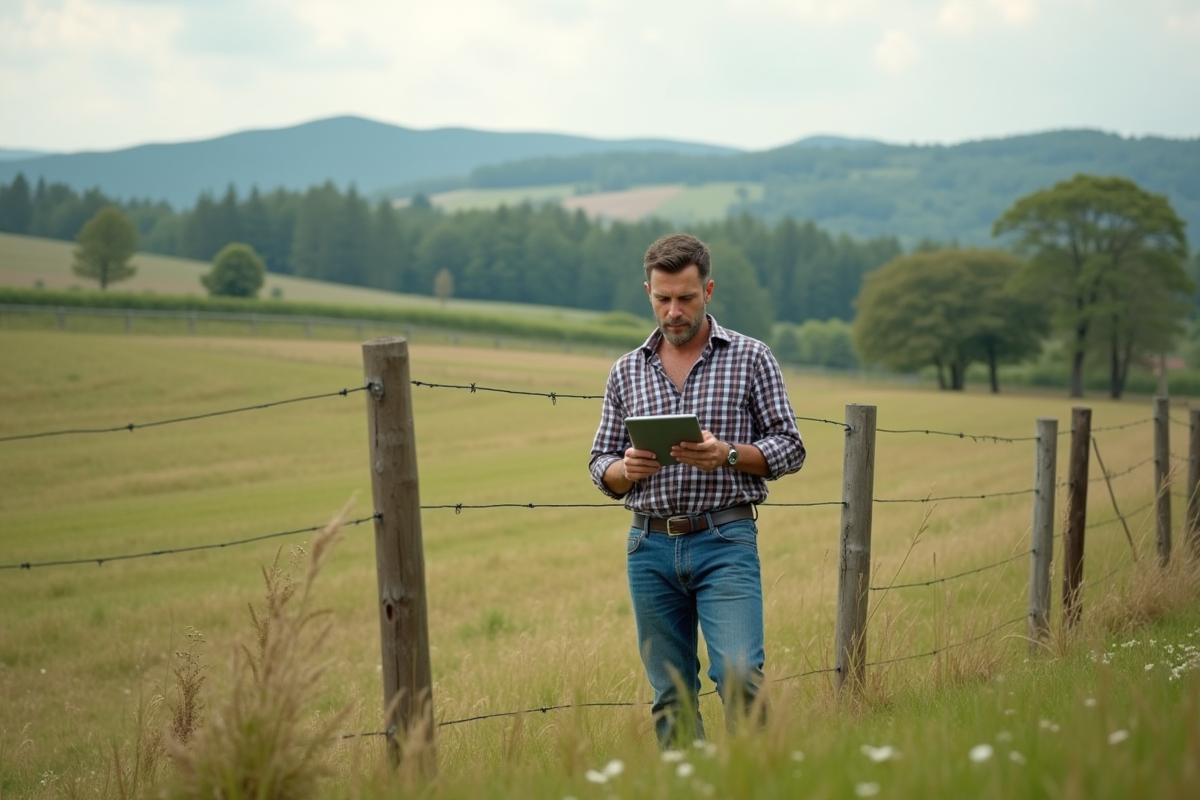 Homme d'âge moyen en tenue casual utilisant une tablette dans un champ rural