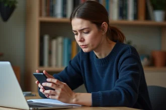 Femme tenant un smartphone et cherchant à identifier un numéro inconnu appelant depuis une entreprise