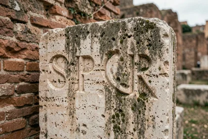 Inscription SPQR gravée dans une pierre de travertin romaine ancienne couverte de patine et de mousse