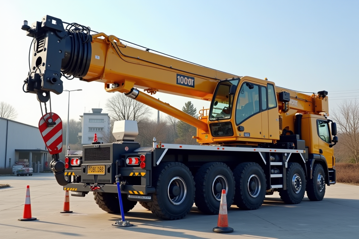 Operateur inspectant la systeme hydraulique d une grue de 10 tonnes en plein air