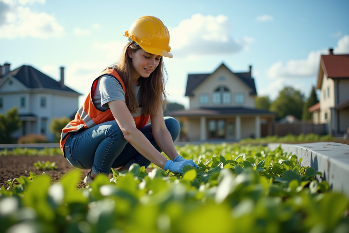 Jeune femme inspectant un toit vert résidentiel en extérieur