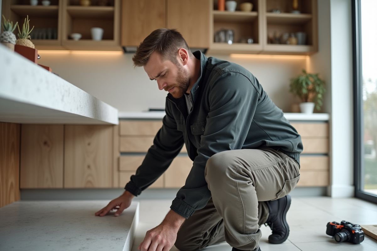 Homme installant un plan de travail dans une cuisine moderne