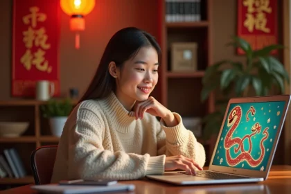 Jeune femme souriante jouant au jeu Google du Nouvel An chinois de l'Année du Serpent sur son ordinateur portable dans un bureau à domicile décoré de lanternes rouges