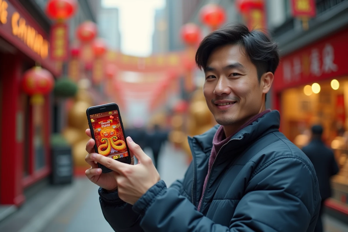 Homme tenant un smartphone affichant le mini-jeu Google du Serpent en pleine rue décorée pour le Nouvel An chinois avec des bannières rouges et dorées