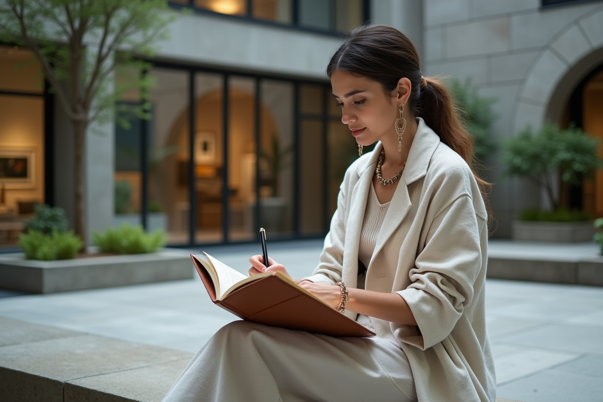 Jeune créatrice de mode dessinant en extérieur en ville