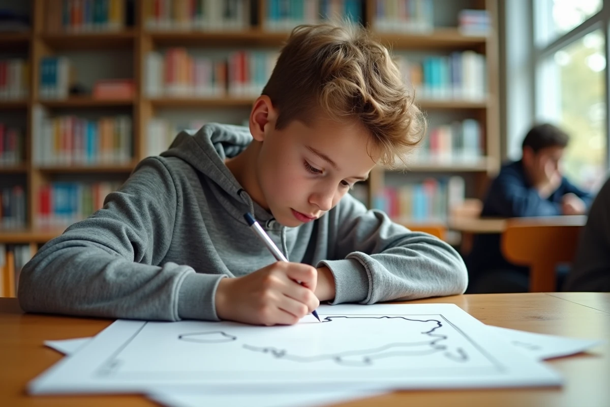 Adolescent en bibliothèque en train de tracer une carte