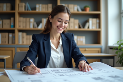 Jeune femme en blazer bleu étudie des plans d'architecture