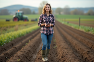 Jeune femme en campagne tenant de la terre fertile