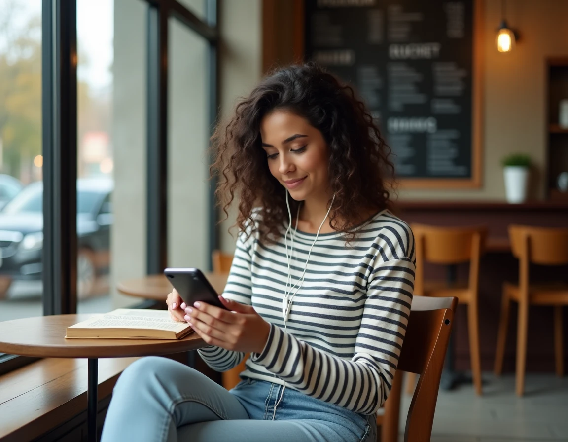 Jeune femme lisant un ebook sur smartphone dans un café avec ambiance urbaine détendue