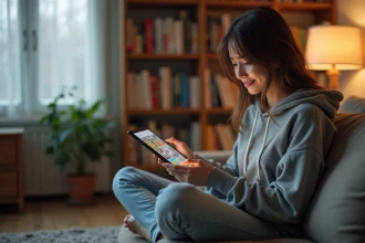 Jeune femme lisant une série manga sur tablette avec Phénix Scan dans son salon entouré de volumes