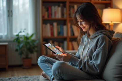 Jeune femme lisant une série manga sur tablette avec Phénix Scan dans son salon entouré de volumes