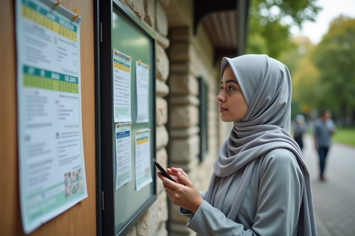 Jeune femme musulmane regarde un calendrier de prières sur un panneau