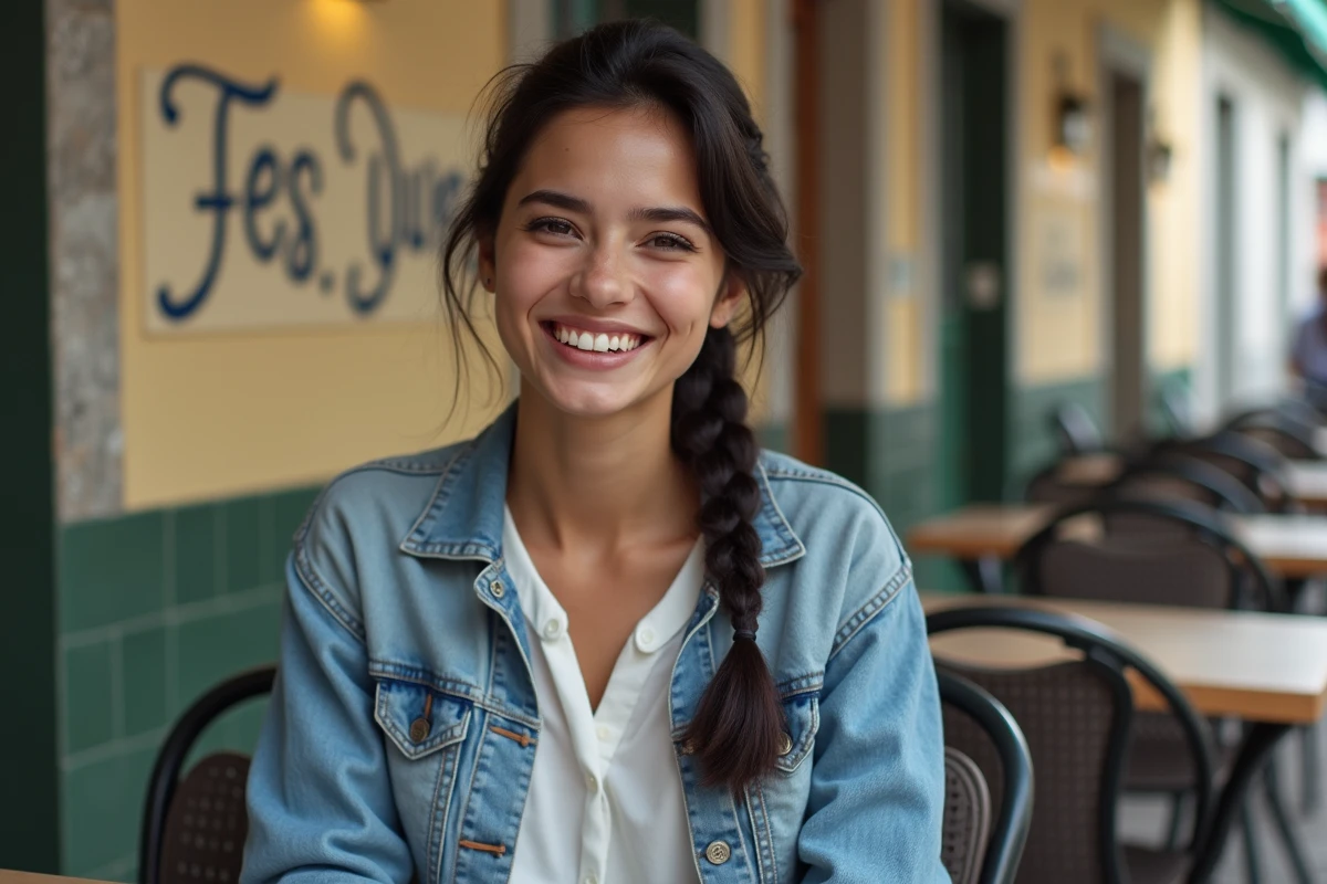 Jeune femme portugaise souriante assise en terrasse de café