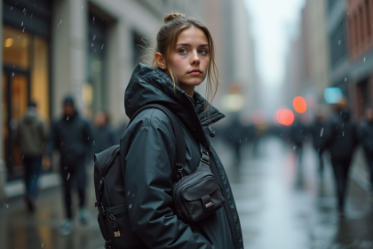 Jeune femme en techwear dans la rue pluvieuse urbaine
