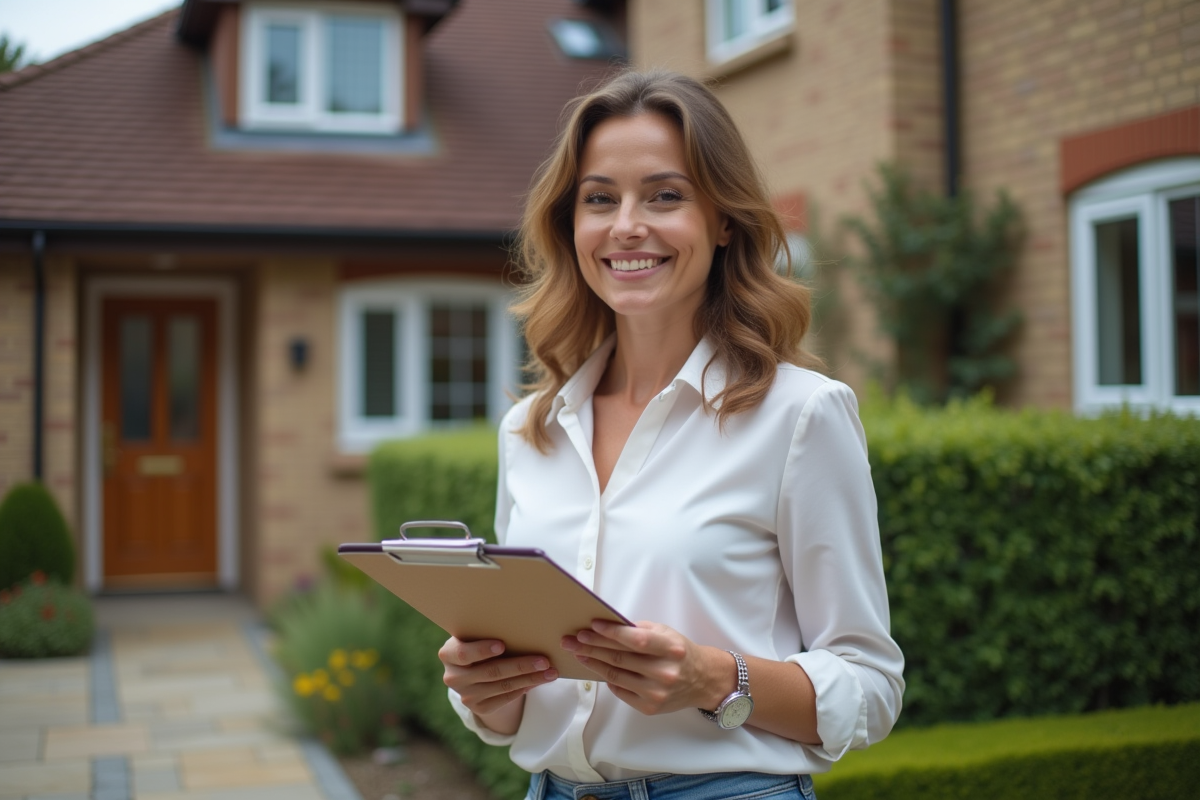 Jeune femme souriante devant une maison avec un dossier immobilier