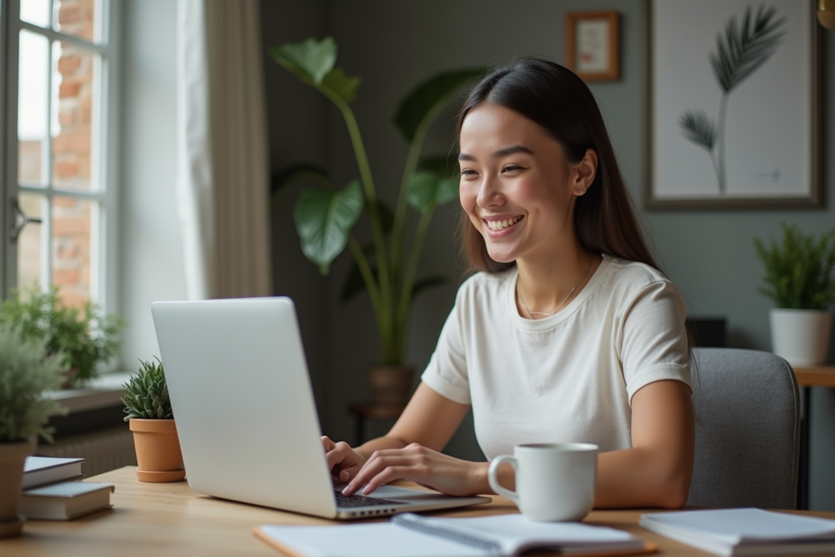 Jeune femme freelance web designer travaillant à domicile