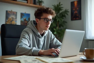 Jeune homme concentré avec ordinateur portable et notes Dofus