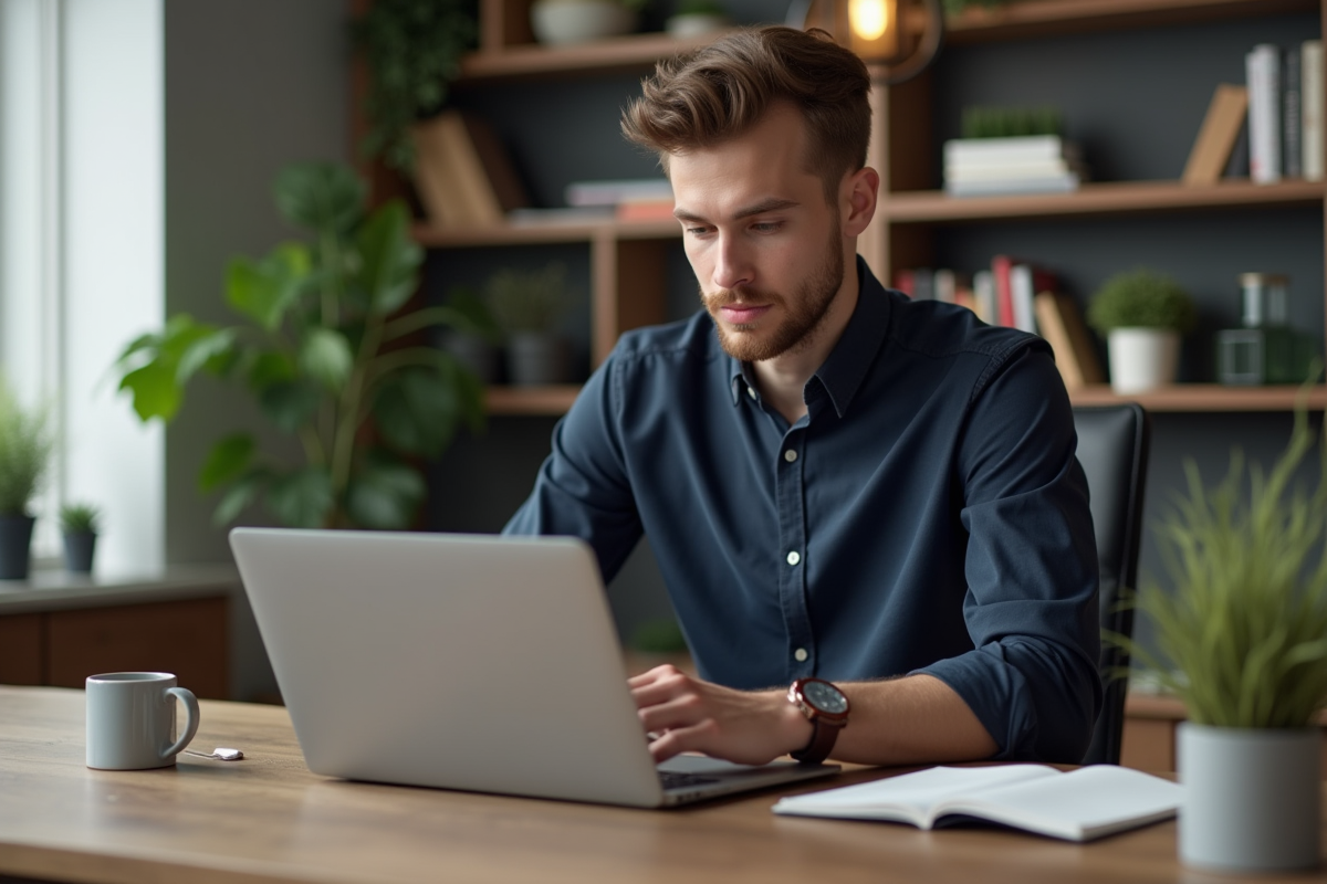 Jeune homme en bureau moderne travaillant sur son ordinateur