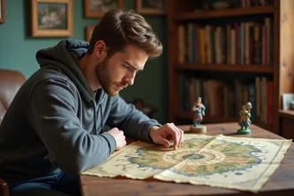 Jeune homme examine une carte fantasy sur une table en bois