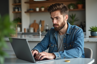Jeune homme en denim transfere bitcoin sur son ordinateur