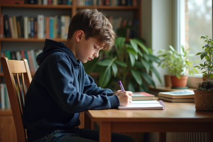Jeune garçon en hoodie écrivant à son bureau à la maison