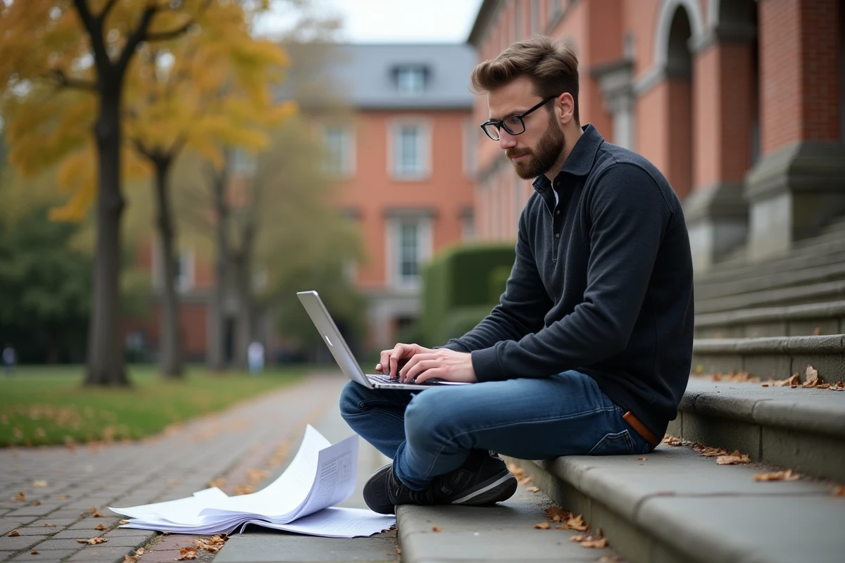 Jeune homme étudiant sur des escaliers en plein air avec ordinateur portable