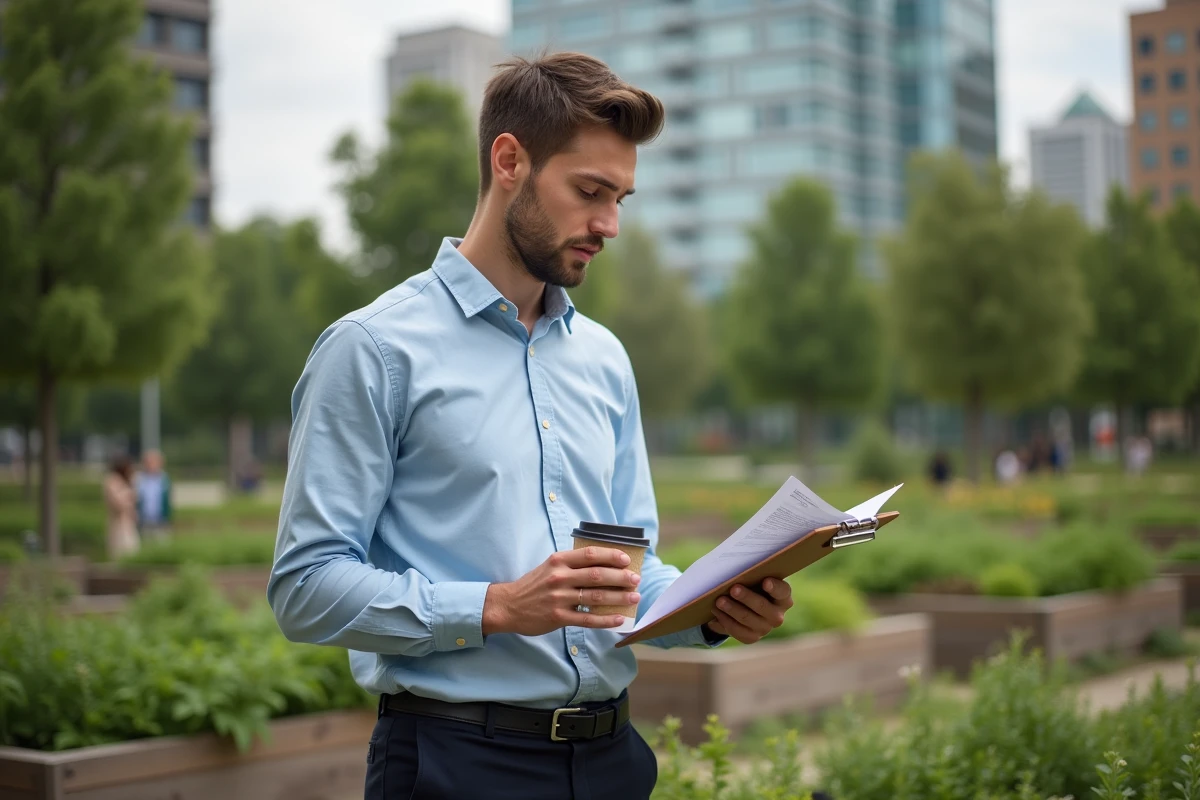 Jeune homme dans un jardin urbain avec documents d