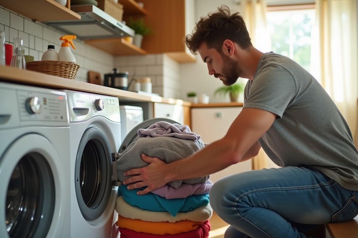 Jeune homme chargeant des vêtements dans une machine à laver moderne
