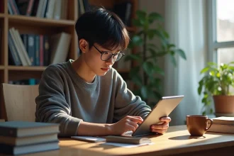 Jeune homme lisant manga sur tablette dans un cadre cosy