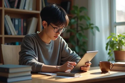 Jeune homme lisant manga sur tablette dans un cadre cosy