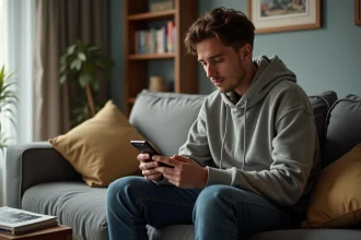 Jeune homme lisant manga sur canapé dans un salon moderne