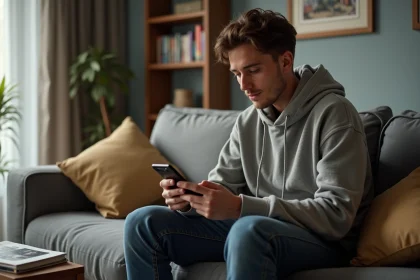 Jeune homme lisant manga sur canapé dans un salon moderne