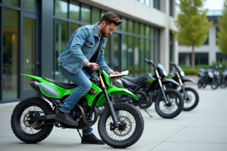 Jeune homme vérifiant une moto KX 125 neuve en concession