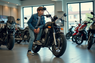 Jeune garçon curieux devant une moto neuve en showroom