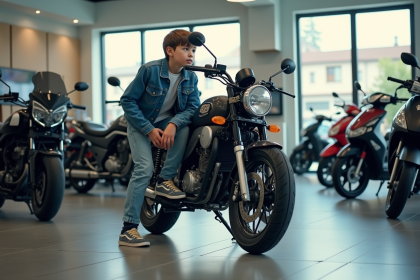 Jeune garçon curieux devant une moto neuve en showroom