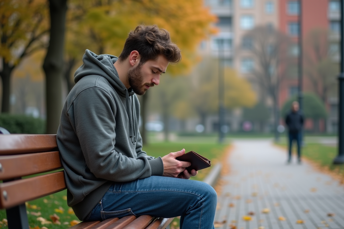Jeune homme assis sur un banc de parc avec portefeuille