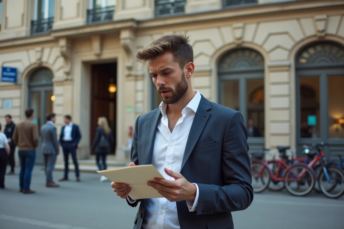 Jeune homme devant un bâtiment officiel examine une enveloppe